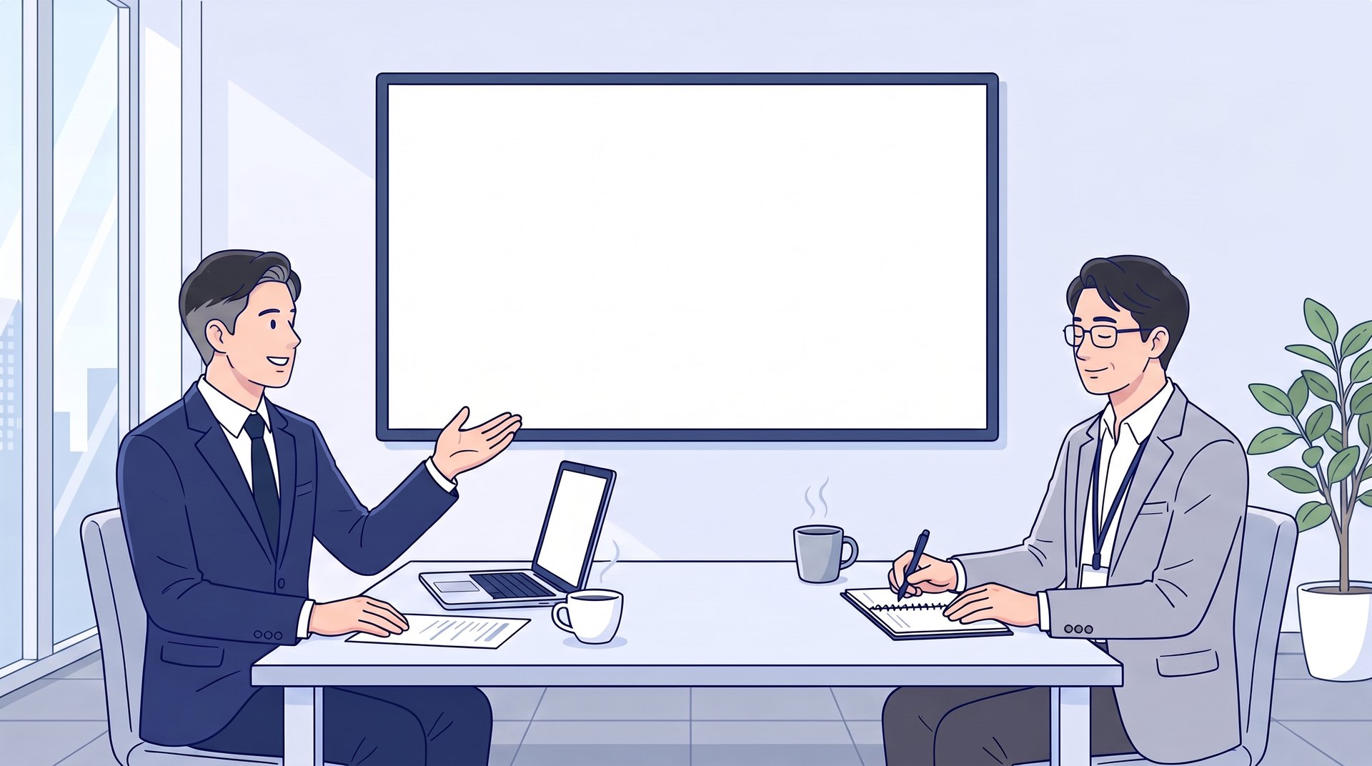 初回の商談で提案を示す営業担当者と、メモを取るお客様のイラスト